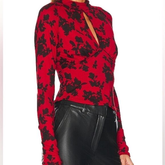 NWT Free People Dinner Party Long Sleeve S Floral Key Hole Mock Neck Retro Chic - Picture 10 of 11